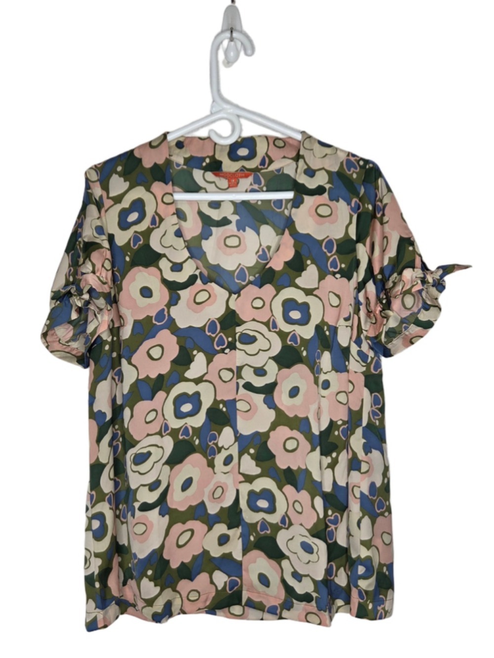 ModCloth Floral Blouse Women's Size 1X Retro Green Pink Flowers Tie Short Sleeve